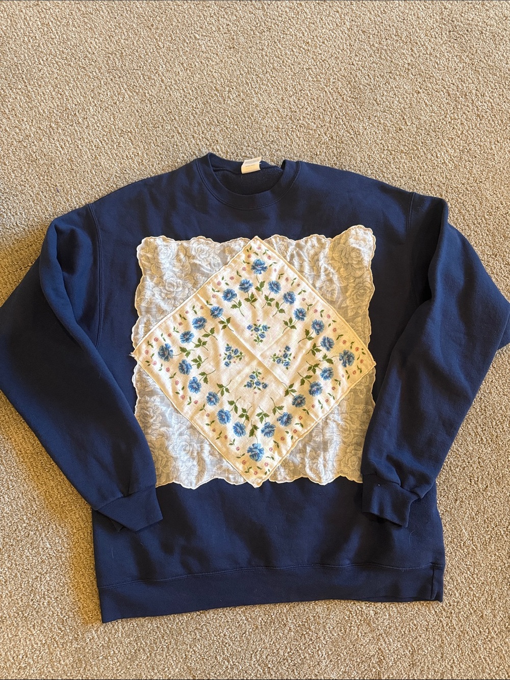 Upcycled Navy Sweatshirt with White Lace & Floral Handkerchief Panel